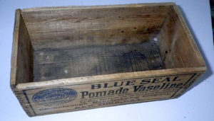 Kristin Holt | Vaseline: a Victorian Product? Photograph 2 of wooden crate, branded Blue Seal Pomade Vaseline by Chesebrough Manufacturing Company of NY, USA.