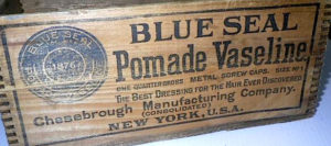Kristin Holt | Vaseline: a Victorian Product? Photograph 1 of wooden crate, branded Blue Seal Pomade Vaseline by Chesebrough Manufacturing Company of NY, USA.