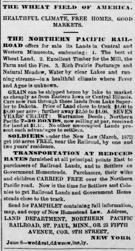 Kristin Holt | BOOK REVIEW: With You Always by Jody Hedlund. The Wheat Field of America. The Northern Pacific Railroad offers for sale its Lands in Central and Western Minneosta. The Burlington Free Press of Burlington, Vermont. July 2, 1873.