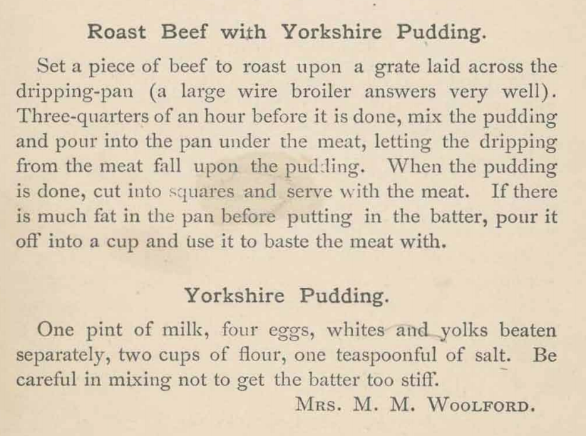 Kristin Holt | Victorian Fare: Yorkshire Pudding. Roast Beef with Yorkshire Pudding recipes and instructions from Woman Suffrage Cook Book, 2nd Edition, 1886, copyright Hattie A. Burr.