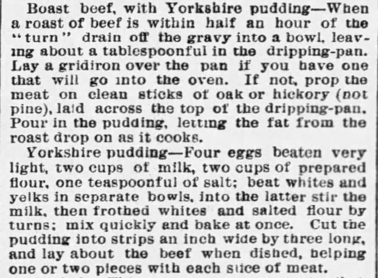 Kristin Holt | Victorian Fare: Yorkshire Pudding. Roast Beef with Yorkshire Pudding recipe and instructions. Chicago Tribune of Chicago, Illinois, April 17, 1886.