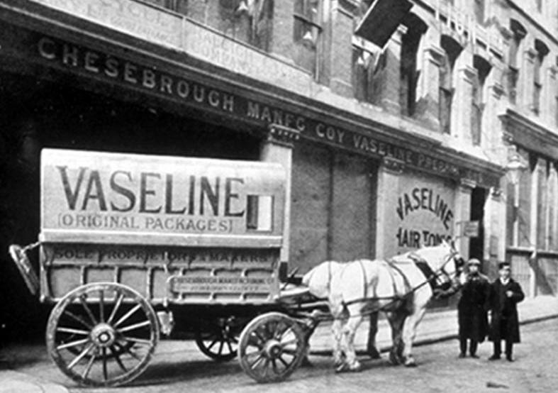 Kristin Holt | Vaseline: a Victorian Product? Vintage photograph of Vaseline-branded wagon drawn by two white horses. Image: public domain, courtesy of Wikipedia, from Vaseline's Company Archives.