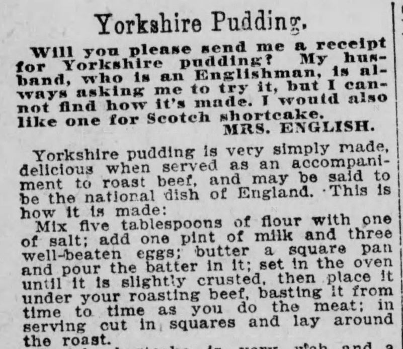 Kristin Holt | Victorian Fare: Yorkshire Pudding. A plea for help and resulting recipe (with instructions). Boston Post of Boston, Massachusetts, July 21, 1901.