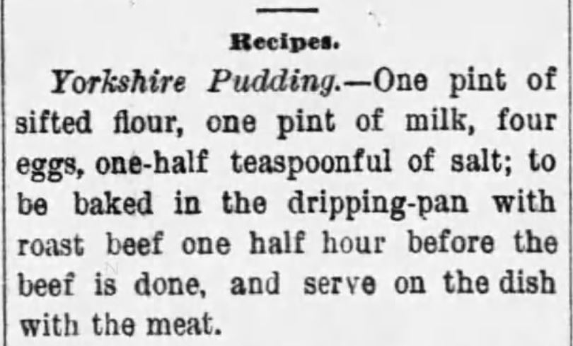 Kristin Holt | Victorian Fare: Yorkshire Pudding. Recipe for Yorkshire Pudding, The Coctaw Herald of Butler, Alabama, October 28, 1885.