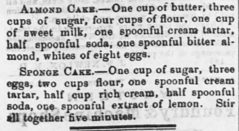 Kristin Holt | Vintage Cake Recipes. Almond Cake and Sponge Cake recipes published in The Emporia Weekly, Emporia, Kansas, August 31, 1861.