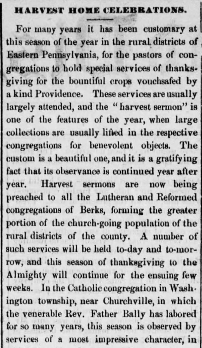 Kristin Holt | Victorian America's Harvest Celebrations. A newspaper article titled "Harvest Home Celebrations," from Reading Times of Reading, Pennsylvania, August 4, 1877. Part 1 of 4.