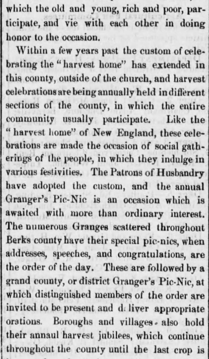 Kristin Holt | Victorian America's Harvest Celebrations. A newspaper article titled "Harvest Home Celebrations," from Reading Times of Reading, Pennsylvania, August 4, 1877. Part 2 of 4.