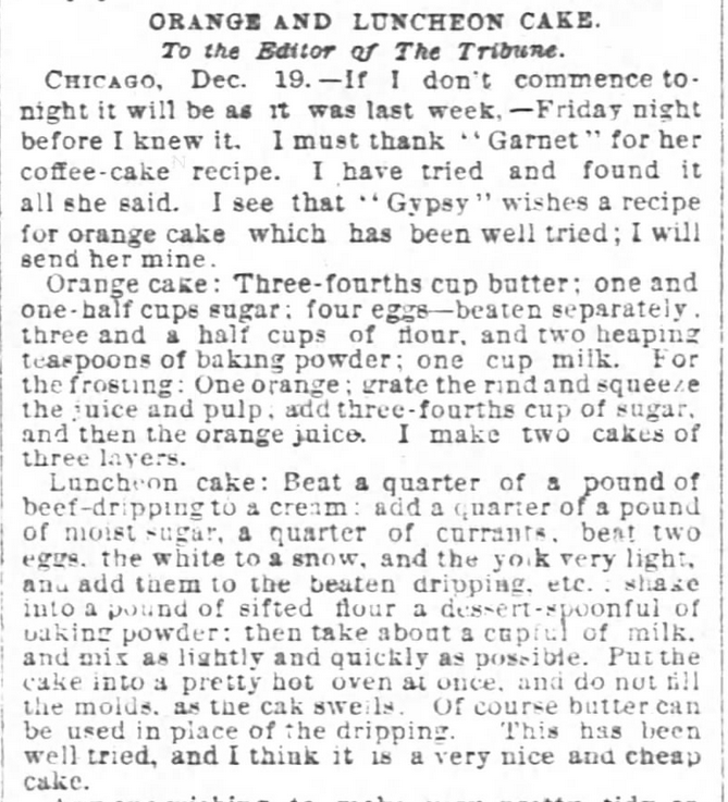 Kristin Holt | Vintage Cake Recipes. Orange and Luncheon Cake recipes, from Chicago Tribune, December 23, 1876.