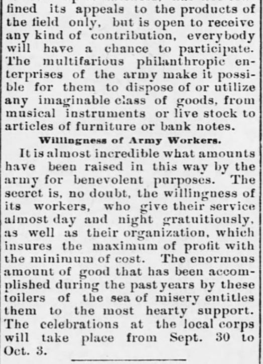 Kristin Holt | Victorian America's Harvest Celebrations. Newspaper Article: For Year of Plenty, Celebrations to Be Conducted Here by the Salvation Army. Thanksgiving at Harvest Time." From The Rock Island Argus and Daily Union of Rock Island, Illinoins on September 27, 1899. Part 2 of 2.