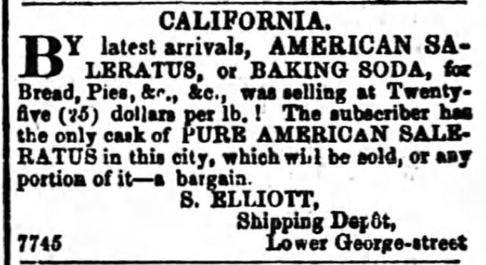 Kristin Holt | Victorian Baking: Saleratus, Baking Soda, Salsoda. American Saleratus or Baking Soda advertised in <em>The Sydney Morning Herald</em> of Sydney, New South Wales, Australia, on November 6, <strong>1849</strong>.