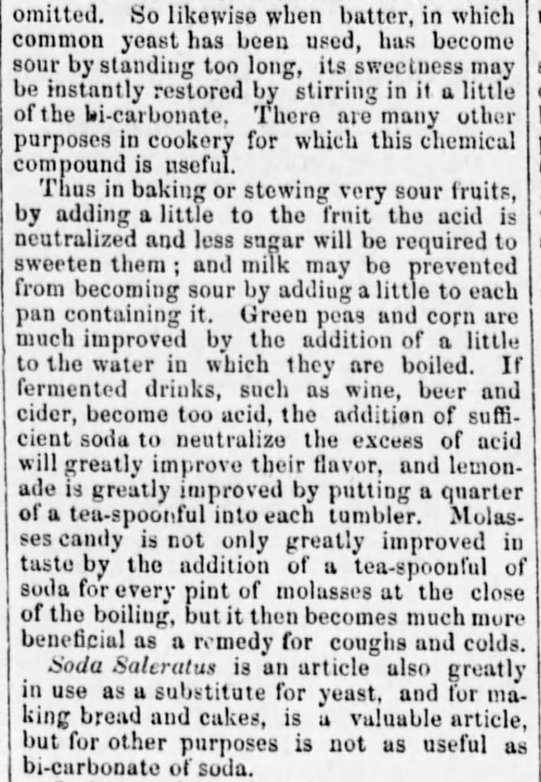 Kristin Holt | Victorian Baking: Saleratus, Baking Soda, and Salsoda. Bicarbonate of Soda, Part 2 of 3. Published in <em>Sunbury American</em> of Sunbury, Pennsylvania on January 5, <strong>1856</strong>.