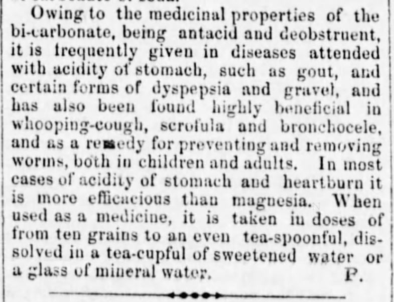 Kristin Holt | Victorian Baking: Saleratus, Baking Soda, and Salsoda. Bicarbonate of Soda, Part 3 of 3. Published in <em>Sunbury American</em> of Sunbury, Pennsylvania on January 5, <strong>1856</strong>.