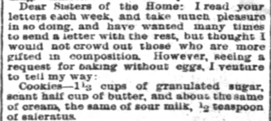 Kristin Holt | Victorian Fare: Cookies. Recipe for Cookies without eggs, as published in The Inter Ocean of Chicago, Illinois on February 16, 1883.