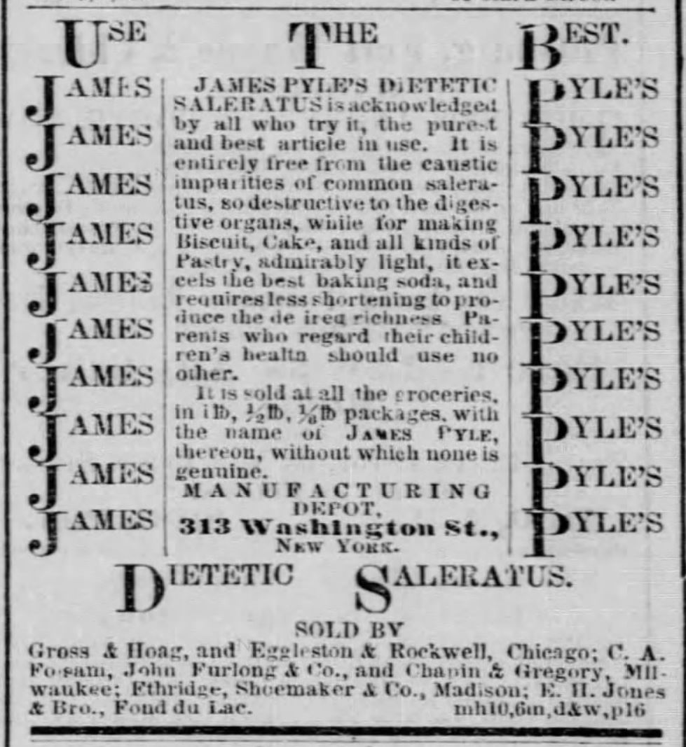Kristin Holt | Victorian Baking: Saleratus, Baking Soda, and Salsoda. James Pyle's Dietetic Saleratus, advertised in <em>Chicago Tribune</em> of Chicago, Illinois, on May 11, <strong>1857</strong>.