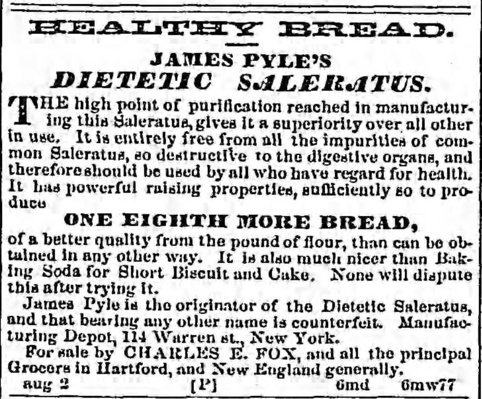 Kristin Holt | Victorian Baking: Saleratus, Baking Soda, and Salsoda. Dietetic Saleratus advertised in <em>Hartford Courant</em> of Hartford, Connecticut on September 25, <strong>1856</strong>.