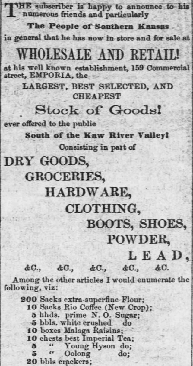 Kristin Holt | Victorian Baking: Saleratus, Baking Soda, and Salsoda. Grocer Carries Baking Soda. Advertised in <em>The Emporia Weekly News</em> of Emporia, Kansas, on November 27, <strong>1858</strong>. Part 1 of 2.