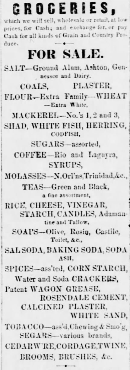 Kristin Holt | Victorian Baking: Saleratus, Baking Soda, and Salsoda. Groceries Advertisement in <em>Lewisburg Chronicle</em> of Lewisburg, Pennsylvania on May 21, <strong>1858</strong>. Calling attention to products on hand: Salsoda, Baking Soda, Soda Ash, and more.