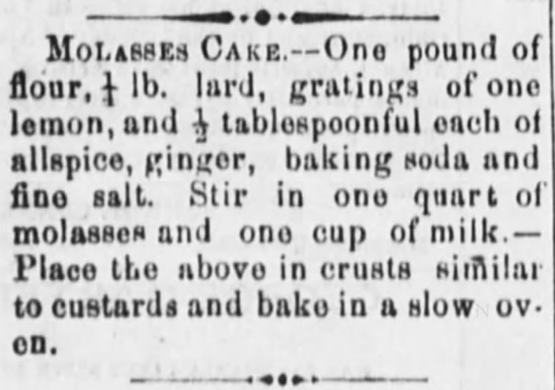 Kristin Holt | Victorian Baking: Saleratus, Baking Soda, and Salsoda. Molasses Cake Recipe (with Baking Soda). Printed in <em>Lancaster Gazette</em> of Lancaster, Ohio on April 1, <strong>1869</strong>.