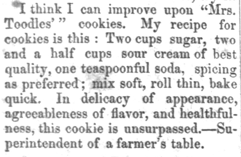 Kristin Holt | Victorian Fare: Cookies. Mrs. Toddles' Cookies (with an improvement), published in The Nebraska Advertiser of Brownville, Nebraska, dated February 12, 1857.