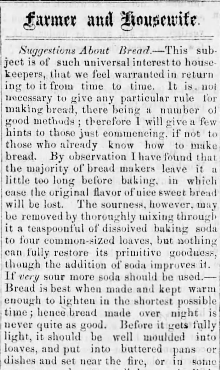 Kristin Holt | <strong>Suggestions about Bread Baking</strong> (non-"quick" breads); <strong>using Baking Soda to alleviate sourness</strong>. <em>The Star and Enterprise</em> of Newville, Pennsylvania, on October 15, <strong>1864</strong>. Part 1 of 2.