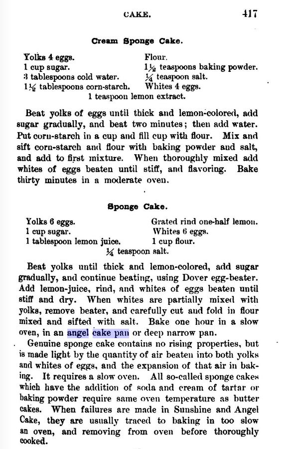 Kristin Holt | Cream Sponge Cake and a Sponge Cake (calling for an angel cake pan)--sure enough, the key mention! Related to Victorian Baking: Angel's Food Cake.