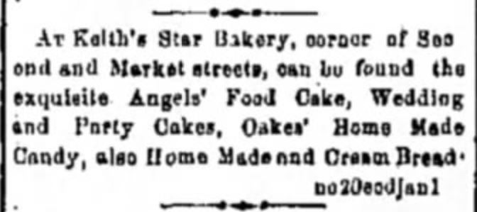 Kristin Holt | Keith's Star Bakery sells exquisite Angels' Food Cake, etc. (Illinois, 1878) Related to Victorian Baking: Angel's Food Cake. 