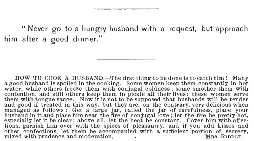 Kristin Holt | Victorians Say "I Love You." Victorian American Housewives understood that romantic love requires attention, nurturing, respect, and demonstrations of love. Published in Receipt Book: Improvement Society of the Second Reformed Church of new Brunswick, New Jersey, in 1890.