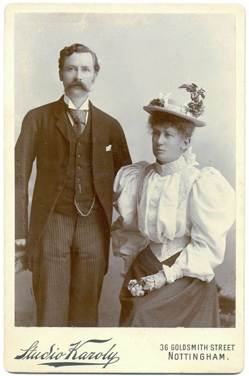 Kristin Holt | Ladies Fashions: Huge Sleeves of the 1890s. Cabinet Card (Victorian photograph) of man and woman, probably husband and wife. Woman wears the very puffy sleeves of the late 1890s. Image courtesy of Pitnerest.