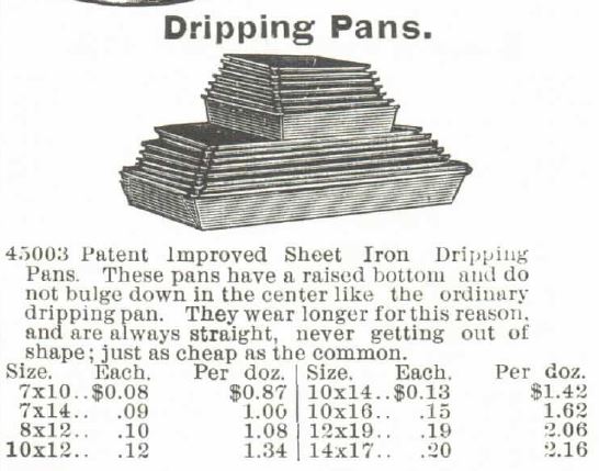 Kristin Holt | Victorian Cake: Tins, Pans, Moulds -- Dripping Pans, advertised in 8 different sizes at 8 different prices ranging from $0.08 to $0.20 each. Sold in the 1895 Montomery Ward Spring and Summer Catalog.