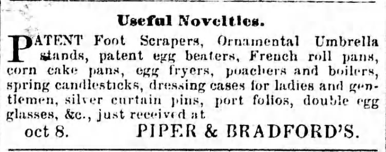 Kristin Holt | Victorian Cooking: Rotary Egg Beater ~ In Time for Angel's Food Cake? Useful novelties, including patent egg beaters for sale at Piper and Bradford's, advertised in Sugar Planter newspaper of Port Allen, Louisiana, October 29, 1859.
