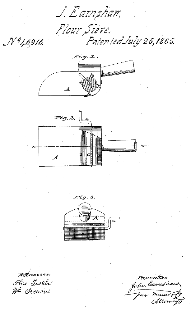 Kristin Holt | Victorian Cooking: The Sifter ~ An American Victorian Invention? U.S. Patent No 48,916 awarded to J (John) Earnshaw of Lowell, Mass., July 25, 1865.
