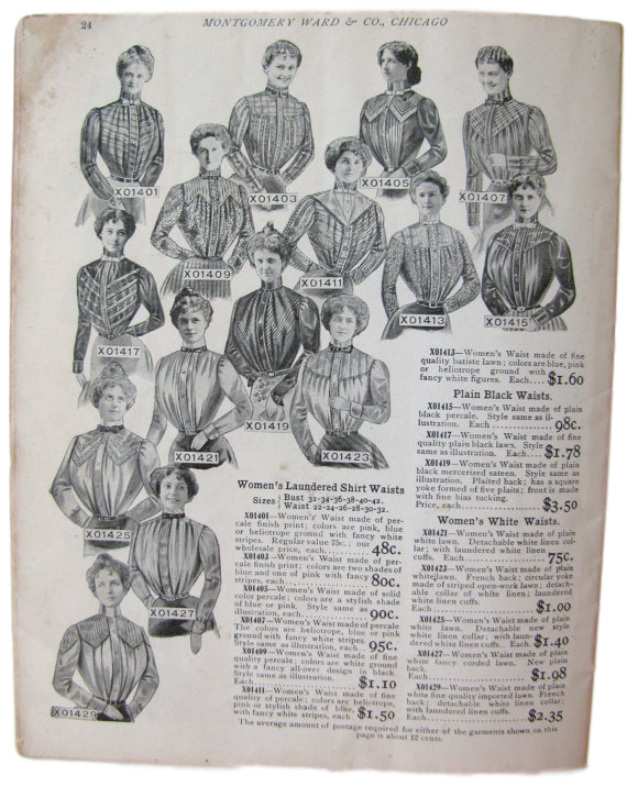 Kristin Holt | Ladies Fashions: Huge Sleeves of the 1890s. Advertisement page from Montgomery Ward & Co. Catalog, Chicago. "Women's Laundered Shirt Waist Blouses," probably 1900. Note the slim sleeves!
