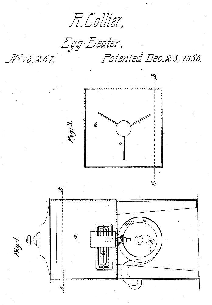 Kristin Holt | Victorian Cooking: Rotary Egg Beater ~ In Time for Angel's Food Cake? United States Patent No. 16267, patented Dec 23, 1856 by Ralph Collier of Blatimore MD. The FIRST United States-patented Rotary Egg Beater. Image: Google Patents.