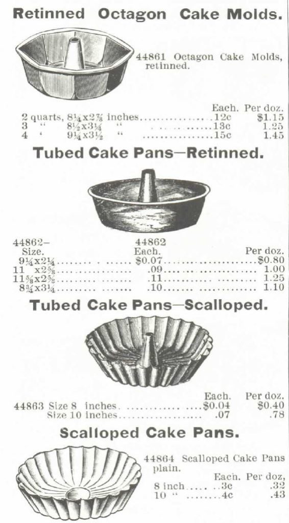 Kristin Holt | Victorian Cake: Tins, Pans, Moulds. Retinned Octagon Cake Molds, Tubed Cake Pans--Retinned, Tubed Cake Pans--Scalloped, and Scalloped Cake Pans for sale by Montgomery, Ward & Co. Catalogue, 1895 Spring and Summer, No. 52.