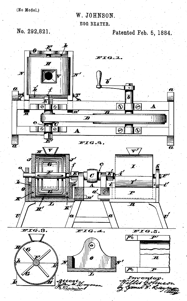 Kristin Holt | Victorian Cooking: Rotary Egg Beater ~ In Time for Angel's Food Cake? U.S. Patent No 282,821 for W. Johnson Egg Beater, Patented February 5, 1884. Illustration courtesy of Google..