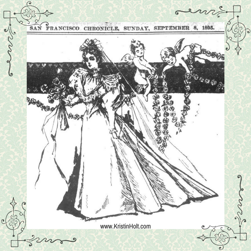 Kristin Holt | Ladies Fashions: Huge Sleeves of the 1890s. Image: Wedding Dress with enormous Leg Of Mutton Sleeves, illustrated in The San Francisco Chronicle of San Francisco, California, September 8, 1895.