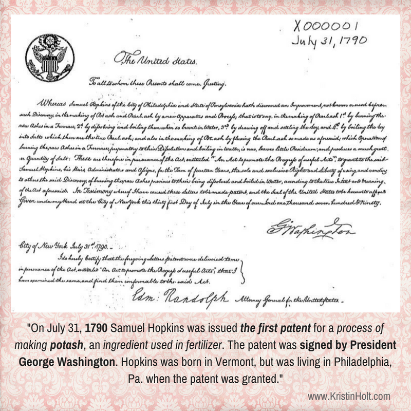 Kristin Holt | Pearl Ash, Potash, and the Ashery. Patent No. 1 issued by the United States, signed by President George Washington, dated 1790. Public Domain.