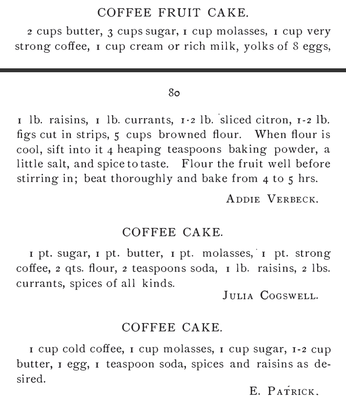 Kristin Holt | Vintage Coffee Cake. Coffee Fruit Cake and two similar Coffee Cake recipes, all cotnained within Our Home Favorite cook book, 1882. Note: the Coffee Fruit Cake is to be baked from 4 to 5 hours.