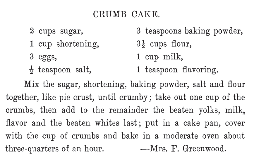 Kristin Holt | Vintage Coffee Cake. Crumb Cake, my personal idea of a delicious coffee cake! This recipe, by Mrs. F. Greenwood, was included in The West Bend Cook Book, 1908.