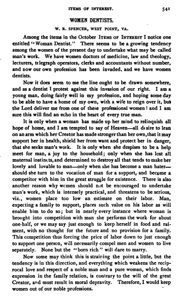 Kristin Holt | Female Dentists (1889): Man Haters Without Maternal Instincts. Image of "Women Dentists" by W.R. Spender, West Point, Va., from: Items of Interest: The Dental Independent, a Monthly Record of Dental Literature. Volume XI, 1889.