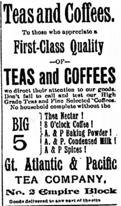Kristin Holt | Victorian Coffee. Coffee, Tea, and Canned Milk sold at separate store from grocery. Published in Middletown Press of Mittletown, New York on November 4, 1892.