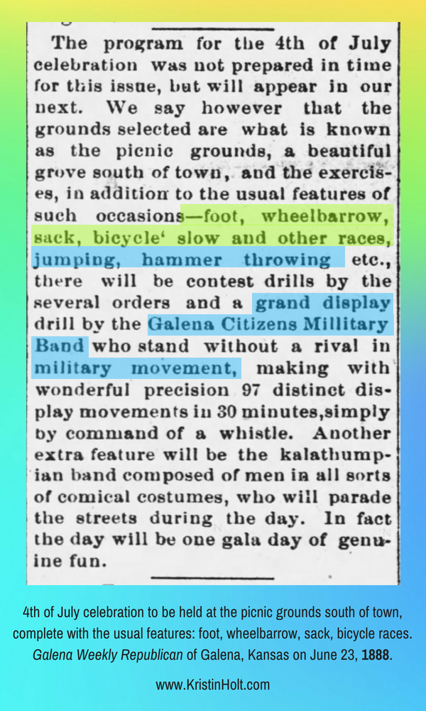 Kristin Holt | Victorians Race: On Foot, On Bicycles, In Wheelbarrows. Fourth of July celebration announced in Galena Weekly Republican of Galena, Kansas, June 23, 1888.