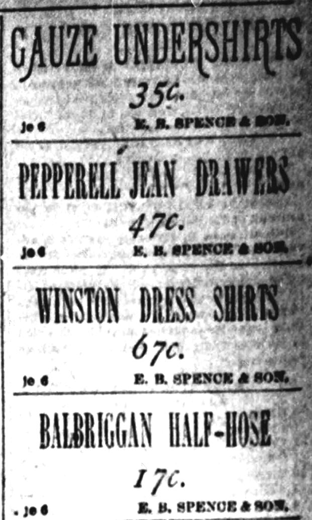 Kristin Holt | The Victorian Man's Suit of Clothes. Pepperell Jean Drawers advertised at 47 cents by E.B. Spence & Son, Richmond Dispatch, Richmond, Virginia, August 1, 1886.
