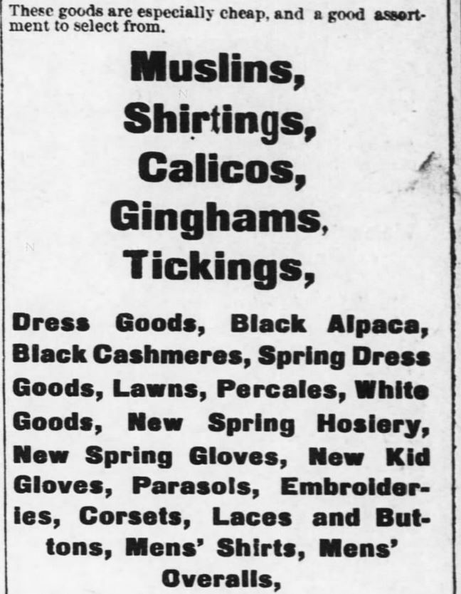 Kristin Holt | The Victorian Man's Suit of Clothes. Men's shirts and men's overalls for sale (ready to wear), along with many fabrics and accoutrements for women. Advert from the Kansas Farmer of Topeka, Kansas. May 5, 1880.