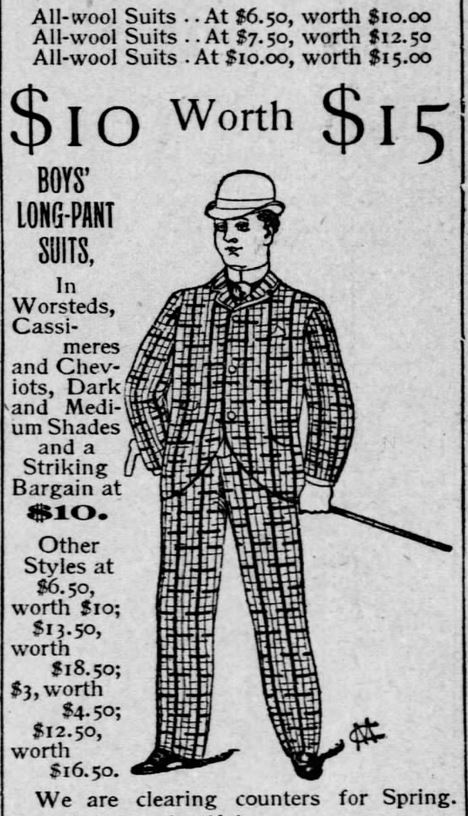 Kristin Holt | The Victorian Man's Suit of Clothes. More deep discounts advertised, with an illustration of a man in checkered suit. Part 2 of 5, from the St. Louis Post-Dispatch of St. Louis, Missouri on March 6, 1891.