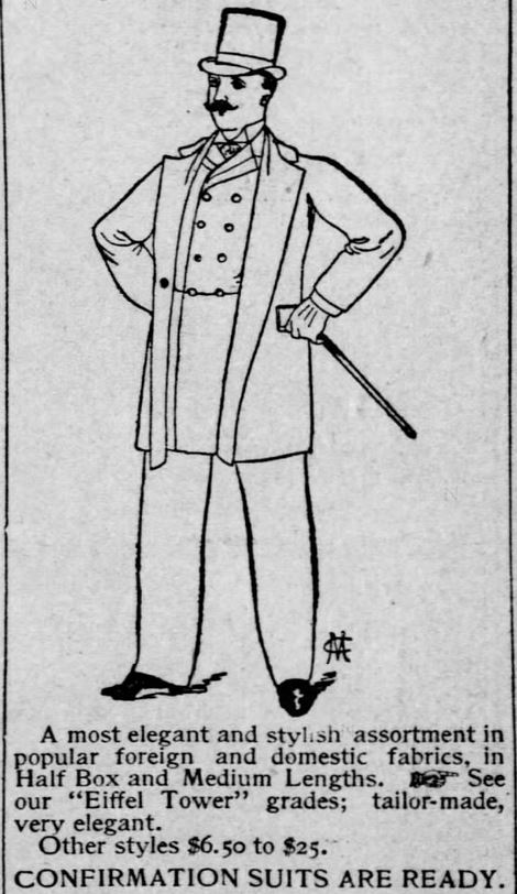 Kristin Holt | The Victorian Man's Suit of Clothes. Illustration of gentleman in tophat, sack coat, double-breasted suit coat, and walking stick (don't forget the gloves!). Part 4 of 5, from the St. Louis Post-Dispatch of St. Louis, Missouri on March 6, 1891.