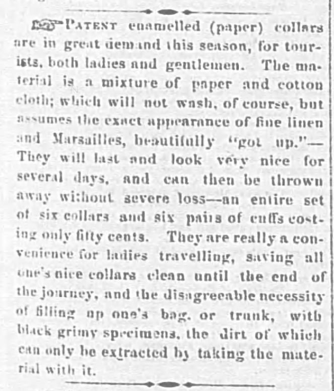 Kristin Holt | Victorian Collars and Cuffs (for men). Patent Enameled (paper) cuffs; The Wheeling Daily Intelligencer of Wheeling, WV. April 17, 1861.