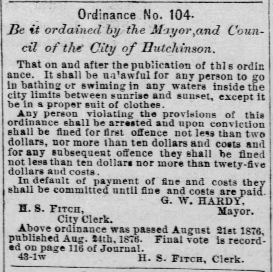 Kristin Holt | The Victorian Man's Suit of Clothes. "Ordinance No. 104. Be it ordained by the Mayor, and Council of the City of Hutchinson. That on and after the publication of this ordinance. It shall be unlawful for any person to go in bathing or swimming in any waters inside the city limits between sunrise and sunset, except it be in a proper suit of clothes." The Hutchinson Examiner of Hutchinson, Kansas. August 24, 1876.