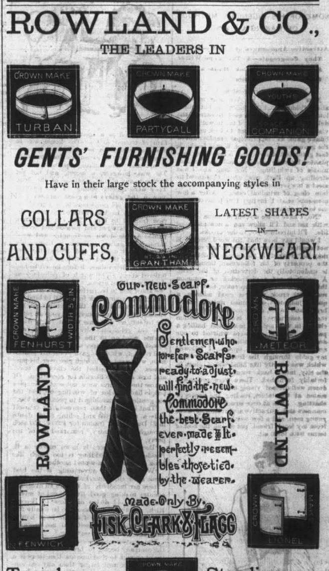 Kristin Holt | Victorian Collars and Cuffs (for men). Rowland & Co. Advertisement for Collars, Cuffs, neckties. Kentucky Advocate of Danville, KY, 18 May 1886.