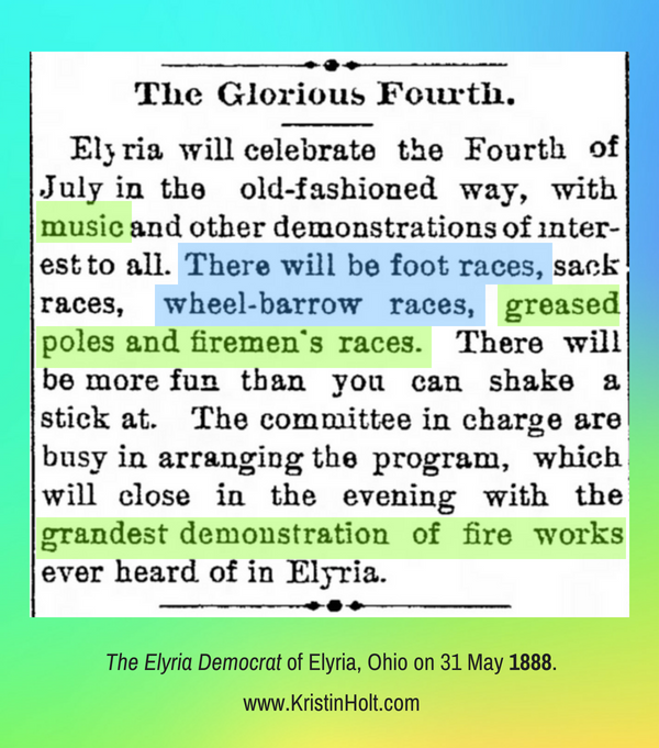 Kristin Holt | Victorians Race: On Foot, On Bicycles, In Wheelbarrows. Fourth of July celebration announced in The Elyria Democrat of Elyria, Ohio on May 31, 1888..